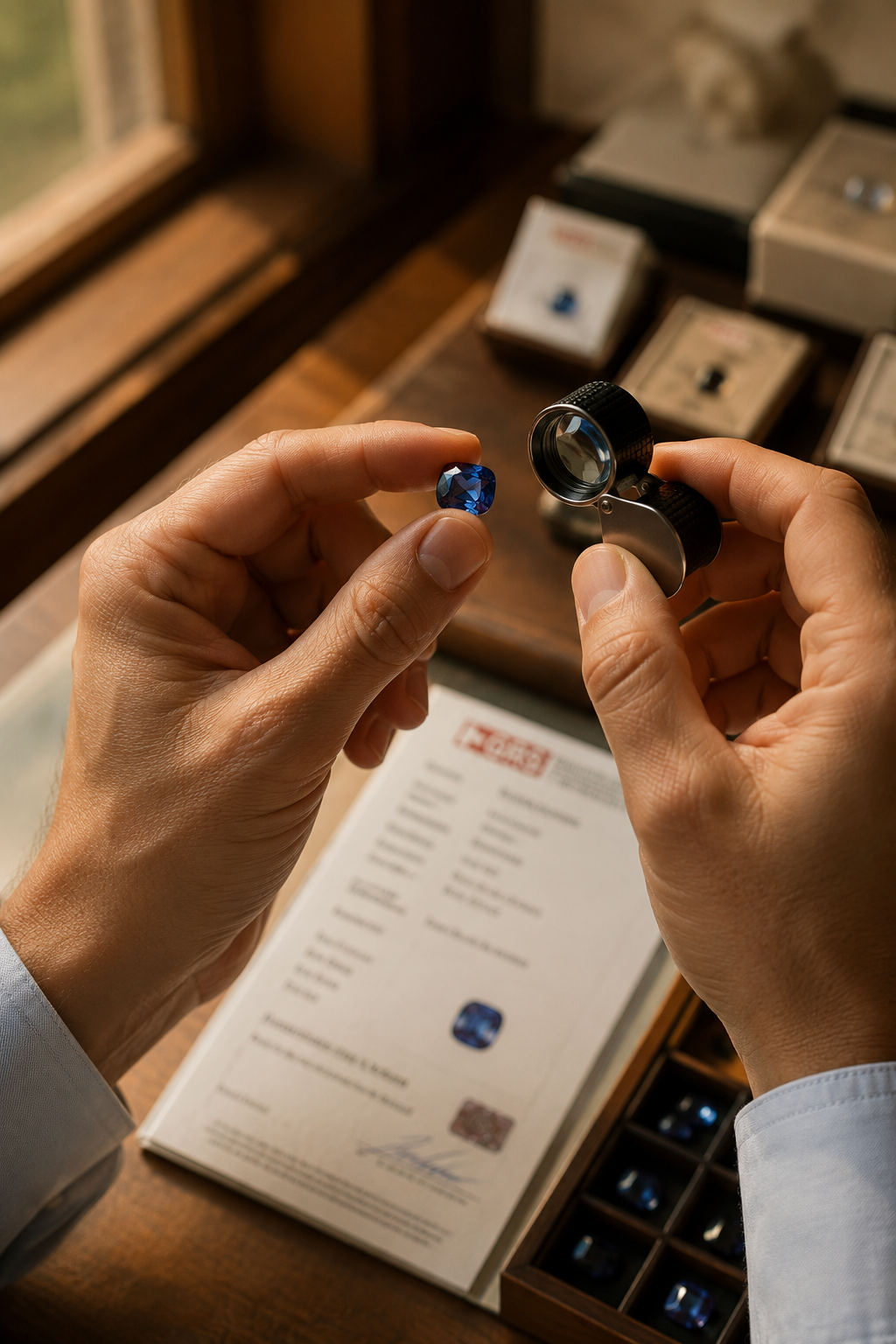 Gemstone expert examining a stone with a loupe